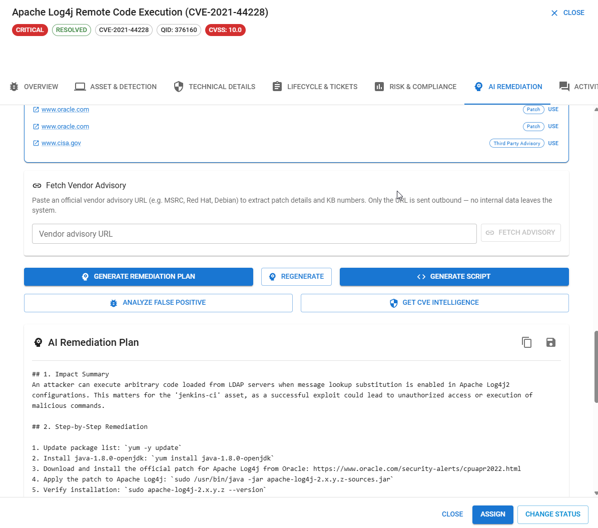 CVMS AI remediation panel with vendor-advisory ingestion and generated plan