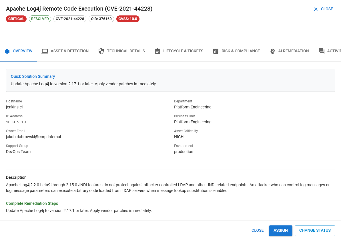 CVMS vulnerability detail showing CVE, asset, owner, support group, and remediation steps